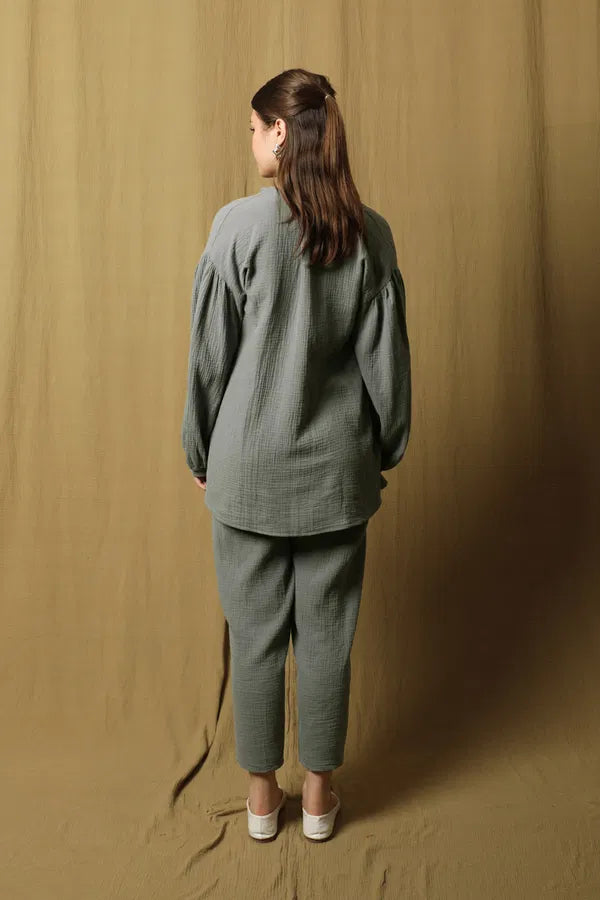 Mousselineset met ballonmouwen -  Antraciet