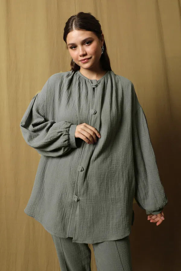 Mousselineset met ballonmouwen -  Antraciet