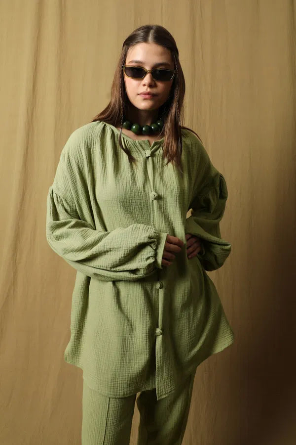 Mousselineset met ballonmouwen  - Mint