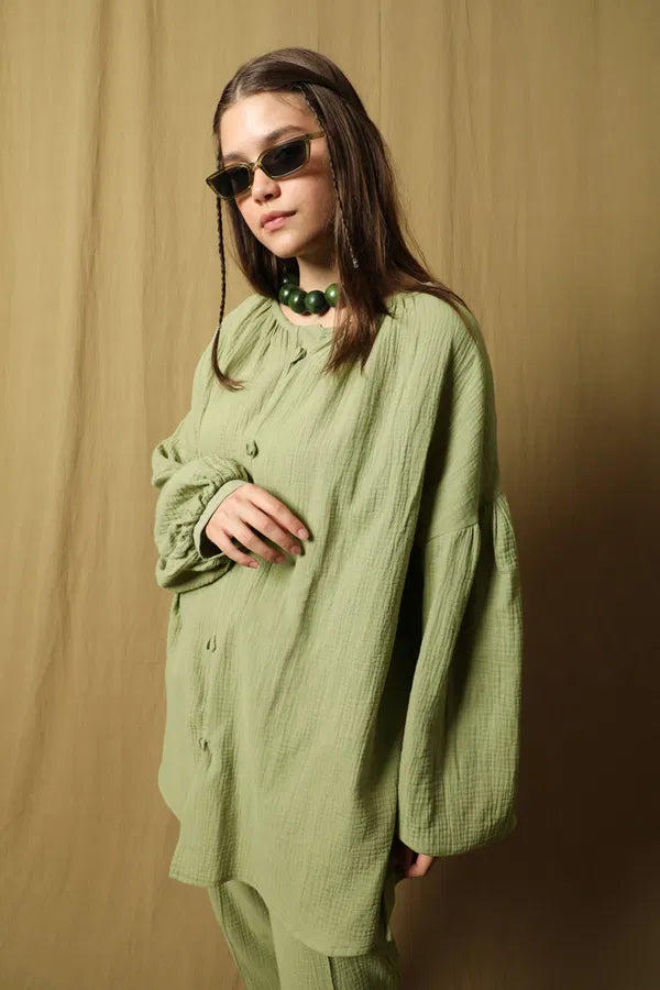 Mousselineset met ballonmouwen  - Mint